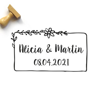 Stempel ländlich chic personalisierte mit Ihrem Text, Vornamen und Hochzeitsdatum, Rechteck 5 x 3 cm, made in France