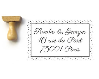Custom adress or wedding stamp, personalized with your text, wooden and rubber stamp, rectangular shape and triangle pattern