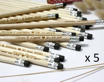 Crayons à papier personnalisés en bois, lot de 5, gomme noire, avec votre texte gravé, cadeau invités pour mariage, anniversaire, fête chic