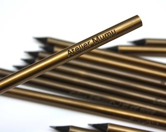 Crayon bois personnalisé x1, doré vieil or et noir avec gravure de votre texte, échantillon ou cadeau avec votre personnalisation