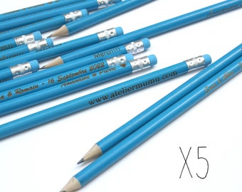 Set di 5 matite personalizzate in legno blu con gomma blu, regalo personalizzabile per gli ospiti, matrimonio
