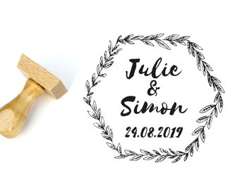 Custom wedding stamp, cottage style, personalized with your names wedding date, hexagon flower shape, wedding stationery