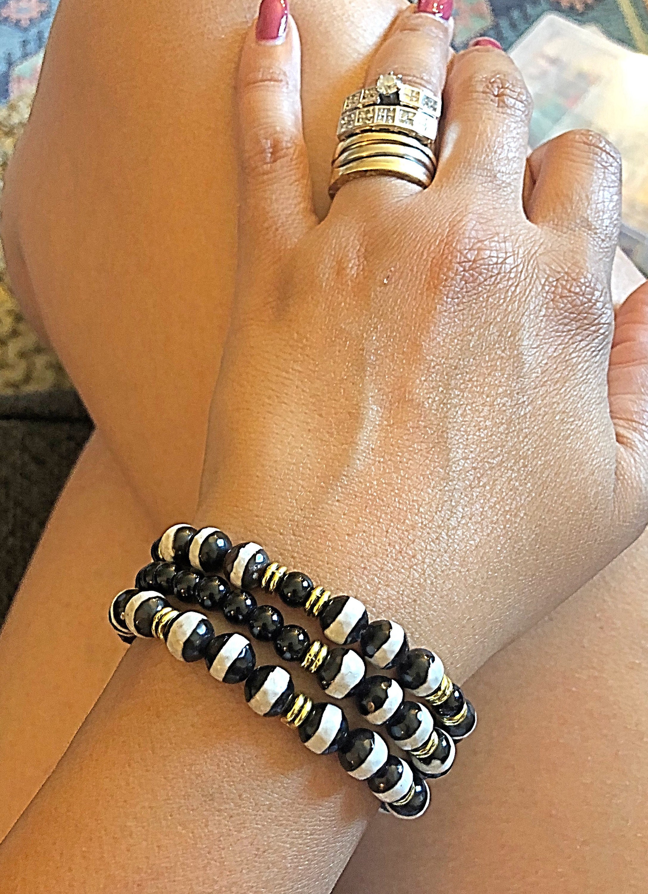 Set aus 3 Armbändern, Onyx & Tibet Achat Stein