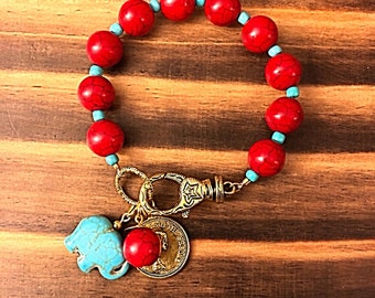 Rotes Türkis Armband mit Türkis Elefant Charm & Coin, gypsyjewelry ,boho jewelry ,summer , beach, ibizastyle