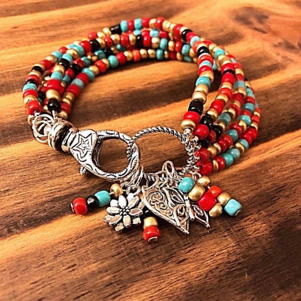 The funky hippie bohemian feel of the bracelet's, seed beads all combine for a perfect Gypsy Beaded Stackable Bracelet Set.