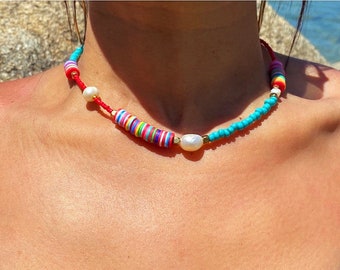 Collar de playa Boho con perla de agua dulce