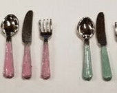 Dollhouse miniature pastel fiesta colored handle flatware - 4 place settings