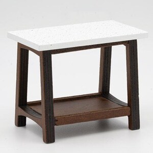 Dollhouse miniature rectangular side table, walnut with marble top