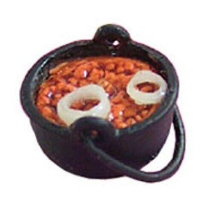 Dollhouse miniature baked beans in pot handcrafted