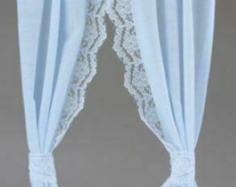 Dollhouse miniature tie back curtain, blue