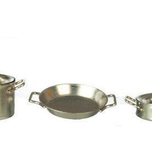 May include: Three miniature silver-colored cooking pots and pans. The set includes a lidded pot with side handles and a top handle, a frying pan, and a smaller lidded pot. The handles are gold-colored.