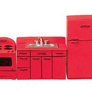 Dollhouse miniature half-scale 1950's kitchen set of 3 in red