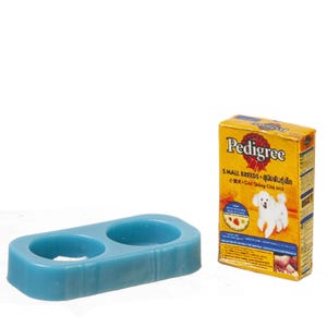 Dollhouse miniature dog bowl and food