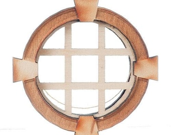 Dollhouse miniature working round window crosshatch key with keystone trim