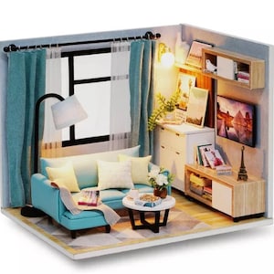 Cutebee Dollhouse Living Room in Blue Made of Wood DIY