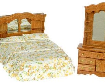 Dollhouse miniature double bed set dark oak