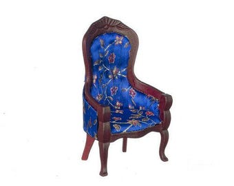 Dollhouse miniature victorian gentleman's chair blue floral mahogany