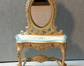 Dollhouse miniature blue and white vanity with floral design by hansson