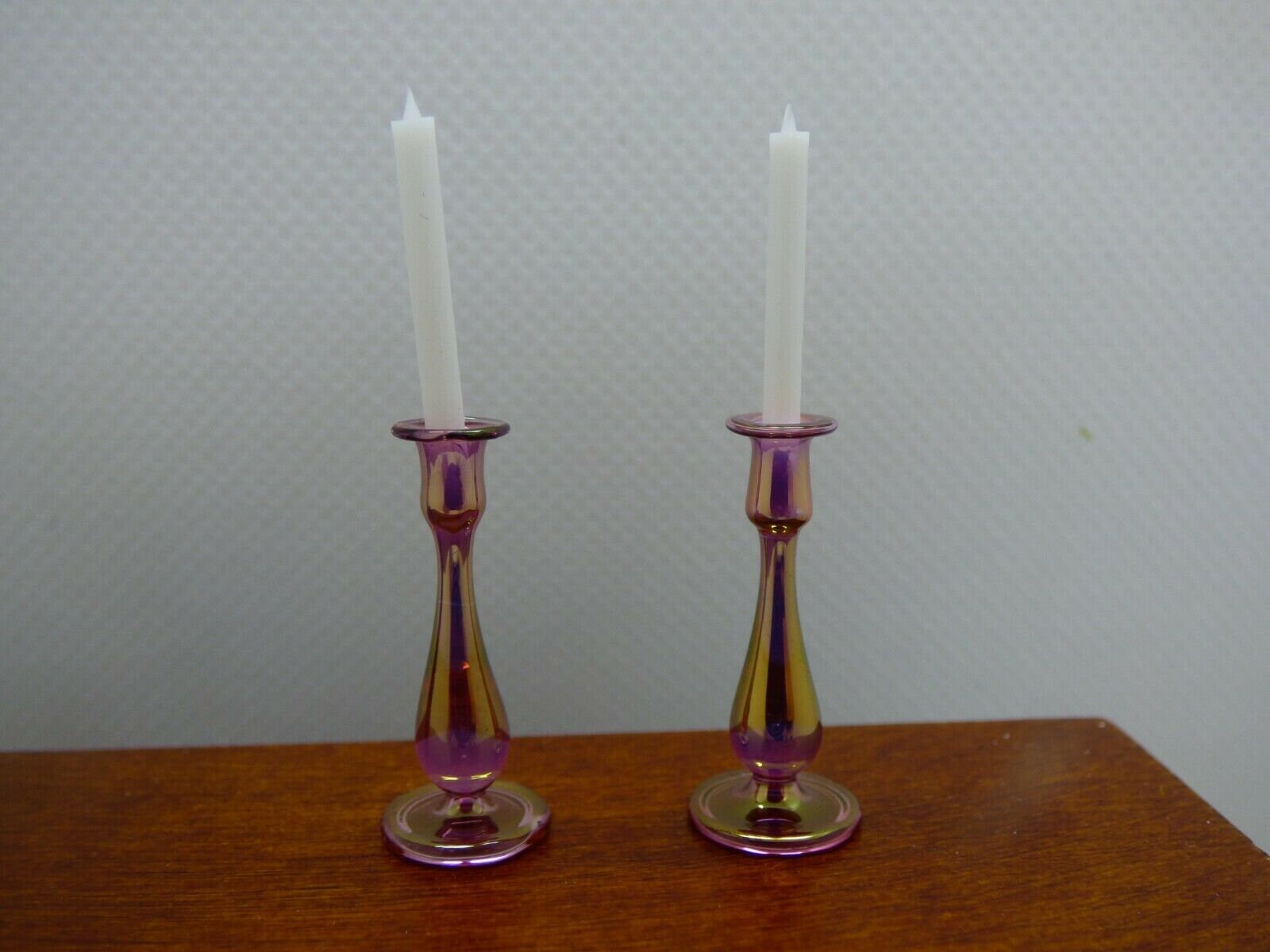 Miniature Philip Grenyer Cranberry Glass Candlesticks w/Candles DOLLHOUSE 1:12 