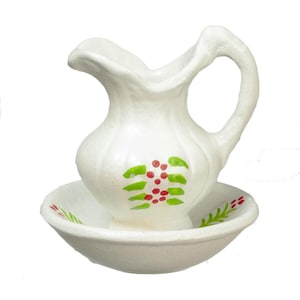 Dollhouse miniature pitcher and bowl in white with flowers