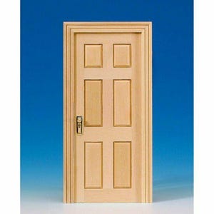 May include: A miniature wooden door with six rectangular panels and a gold-colored handle. The door is light brown and set against a blue background. The door frame has a simple, classic design.
