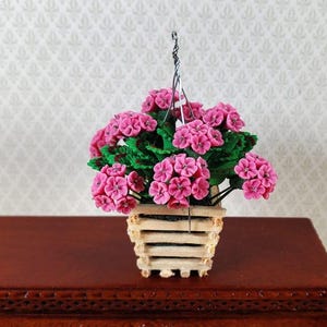 Dollhouse pink geranium in wood hanging planter miniature 1:12 scale