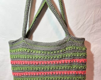 Handmade Crocheted Market Bag, Shoulder Bag - Gray, Green and Salmon