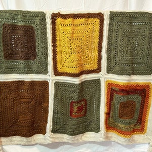 Boho Style Afghan / Throw with Green, Rust, Brown, Gold - 9 Crocheted Squares