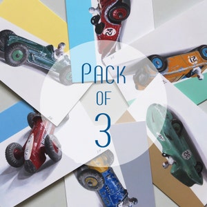 3er Pack DINKY RACING CAR Grußkarten, Grußkarten Set, Kartenpaket, Grußkarten pack, Kunstkarten, Spielzeugauto karten, Rennwagen karten.