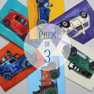 Pack of 3 VINTAGE TOY VEHICLE Greeting Cards, Greeting card set, Card pack, Greeting card pack, Art cards, Toy car cards, classic car cards.