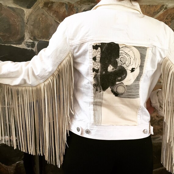 White Fringe Jacket Vintage Denim With Leather 50