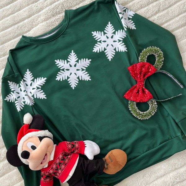 Minnie und Mickey Weihnachtspullover Allover-Print-Shirt Disney-Weihnachtsoutfit Schneeflockengrünes Unisex-Sweatshirt