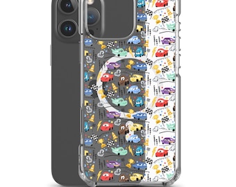 May include: A clear phone case with a black and white pattern of cartoon race cars. The case is designed for an iPhone.