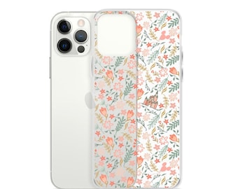 May include: A clear phone case with a floral pattern and a small castle illustration. The case is designed for an iPhone.
