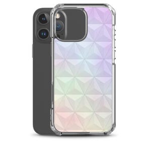 May include: A clear phone case with a geometric pattern in shades of pink, purple, and white. The case is designed to fit an iPhone.