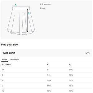 May include: Size chart for a skirt with measurements in inches. The chart shows the size label, half waist width, and length in inches for sizes XS to 3XL.