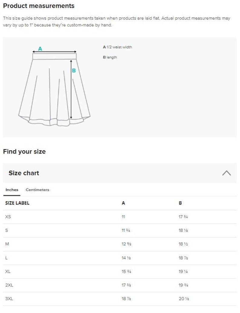 May include: Size chart for a skirt with measurements in inches. The chart shows the size label, half waist width, and length in inches for sizes XS to 3XL.