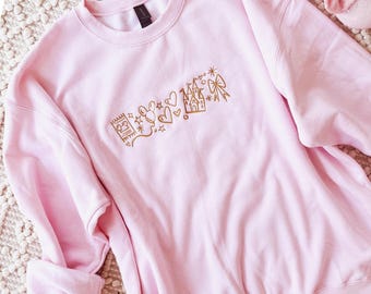 Magiczny zamek Disneya haftowana bluza z kokardkami Myszki Miki i balonem i serduszkami