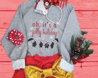 Jolly Holiday Disney Christmas Sweatshirt Mary Poppins Penguins Umbrella Sweatshirt
