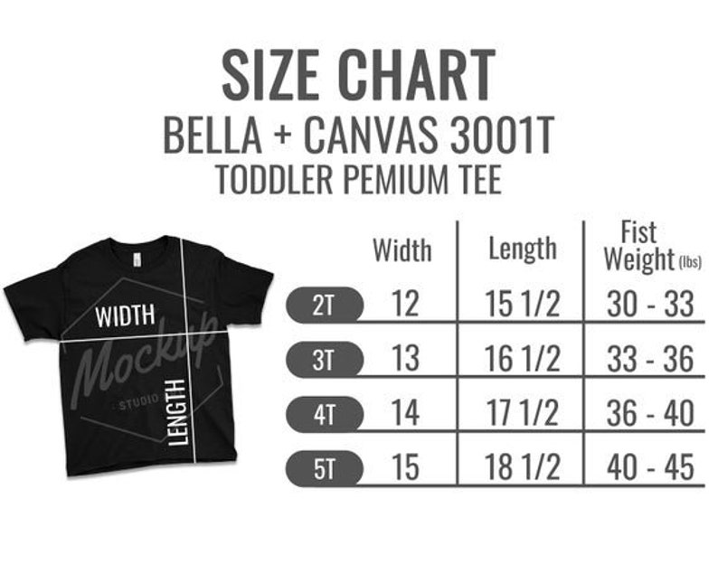 May include: Size chart for Bella + Canvas 3001T toddler premium tee shirts. The chart shows the width and length of the shirts in inches, as well as the recommended weight range for each size. The sizes are 2T, 3T, 4T, and 5T.