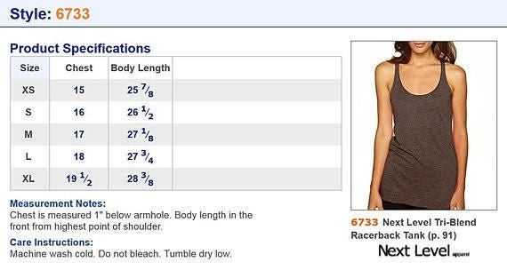 Next Level Tank Top Size Chart