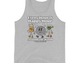 May include: A gray tank top with the text "Every Hour is Happy Hour Around the World" and a cartoon illustration of a beer, a disco ball, and a cocktail.