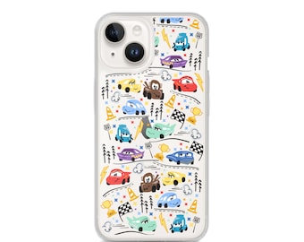 May include: Clear phone case with a colorful cartoon car design. The pattern includes various cars in different colors, racing flags, lightning bolts, and Route 66 signs. The case is designed to fit a smartphone.