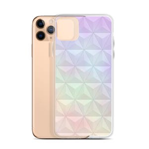 May include: A clear phone case with a geometric pattern in shades of purple, pink, and blue. The case is designed for an iPhone.