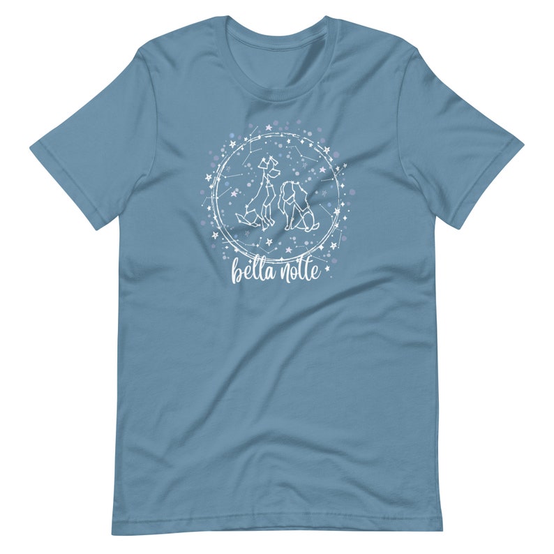 Puede incluir: Una camiseta azul claro con un dise&ntilde;o blanco de dos perros y estrellas en un c&iacute;rculo. El texto "bella notte" est&aacute; escrito debajo del c&iacute;rculo.