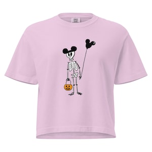 Funny Disney Halloween Skeleton Comfort Colors Crop with Mickey Balloon and Trick or Treat Pumpkin  Women’s heavyweight boxy tee