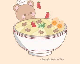 Cute noodle/ramen bear Art Print  - cute bear art, kawaii bear, cute bear, cute Japanese art, noodle bear, cute animals,