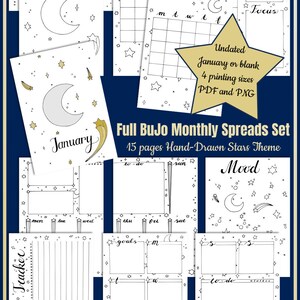 BuJo Monthly Spread Pages. Printable Bullet Journal Templates. January Bullet Journal Stars Theme. image 10