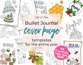 Bullet Journal Monthly Cover Pages. A Set Of 12 Monthly Divider Pages For Journals And Planners With Both Black & White And Colored Version.