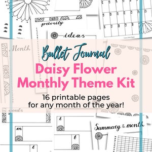 Bullet Journal Daisy Flower Theme Monthly Set. Printable Bullet Journal Pages. BuJo Monthly Spreads. Printable BuJo Templates. image 10